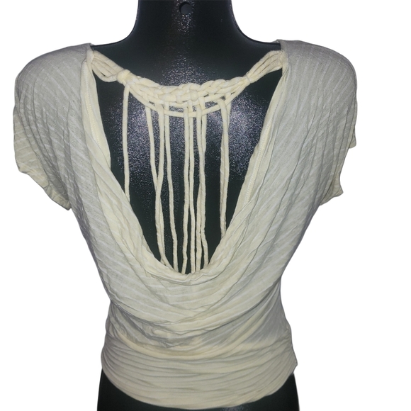 Foxy Jeans Pale Yellow and White Striped Short Sleeve Top S - Picture 10 of 10